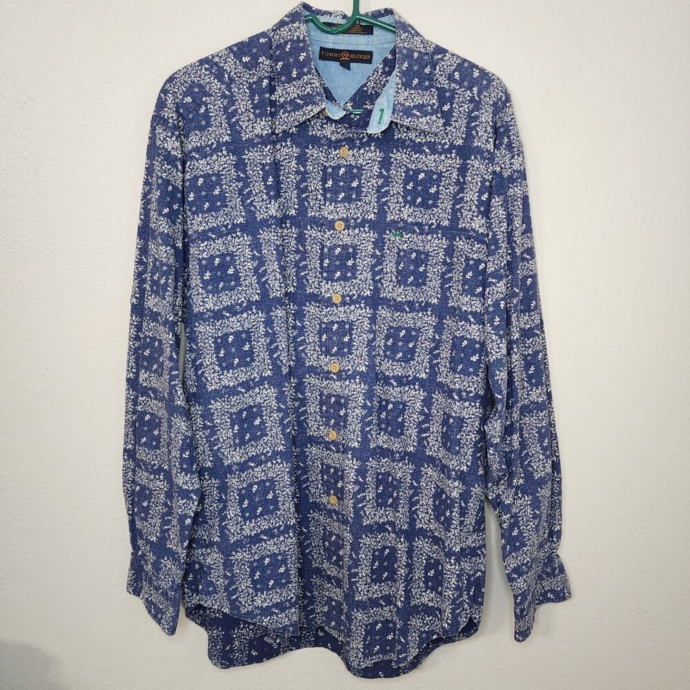 Tommy Hilfiger Black Label Blue Button Down Long Sleeve Size L Green Stitch Leaf